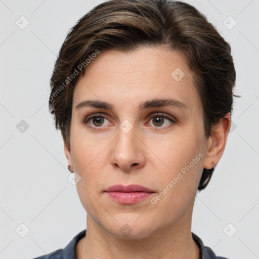 Neutral white young-adult female with short  brown hair and brown eyes