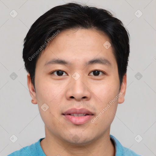 Neutral asian young-adult male with short  black hair and brown eyes