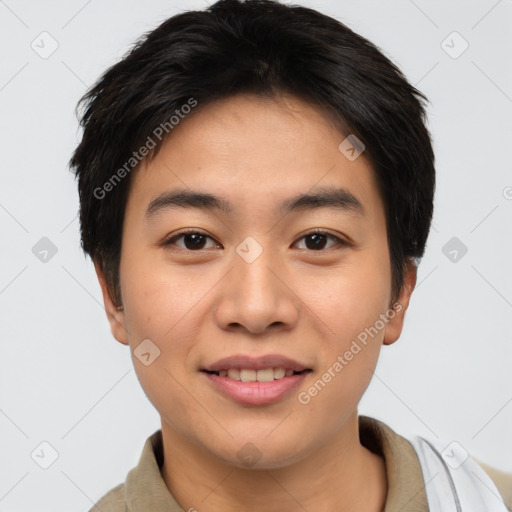 Joyful asian young-adult male with short  brown hair and brown eyes