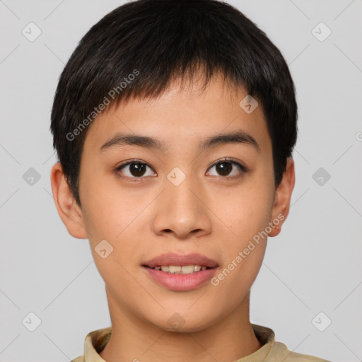 Joyful asian young-adult female with short  brown hair and brown eyes