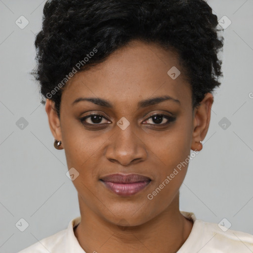 Joyful latino young-adult female with short  black hair and brown eyes
