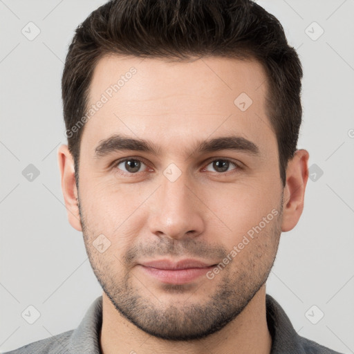 Neutral white young-adult male with short  brown hair and brown eyes