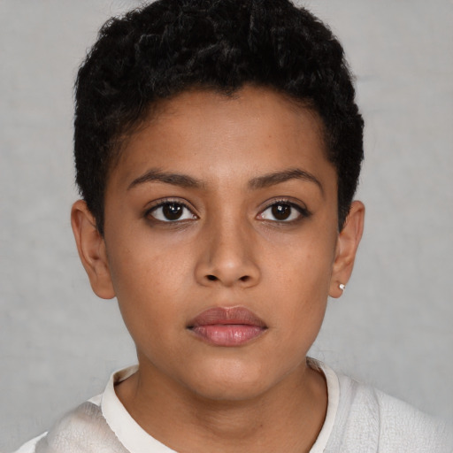 Neutral latino young-adult female with short  black hair and brown eyes