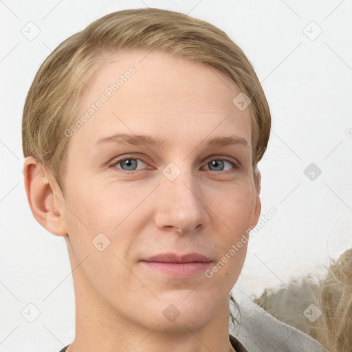 Joyful white young-adult female with short  brown hair and grey eyes