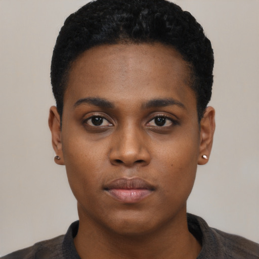 Neutral black young-adult female with short  black hair and brown eyes
