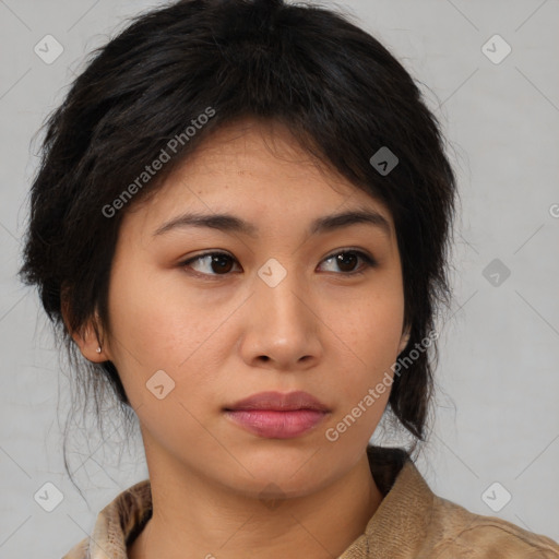 Neutral asian young-adult female with medium  brown hair and brown eyes