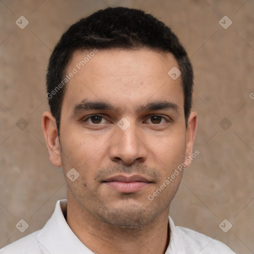 Neutral white young-adult male with short  brown hair and brown eyes