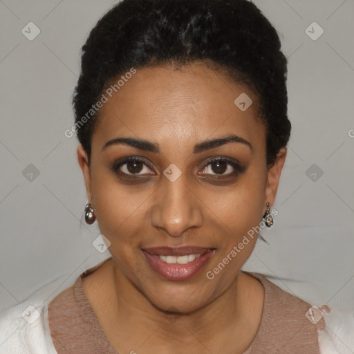 Joyful black young-adult female with short  brown hair and brown eyes