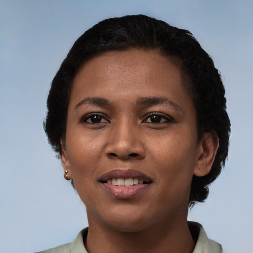 Joyful black young-adult female with short  black hair and brown eyes