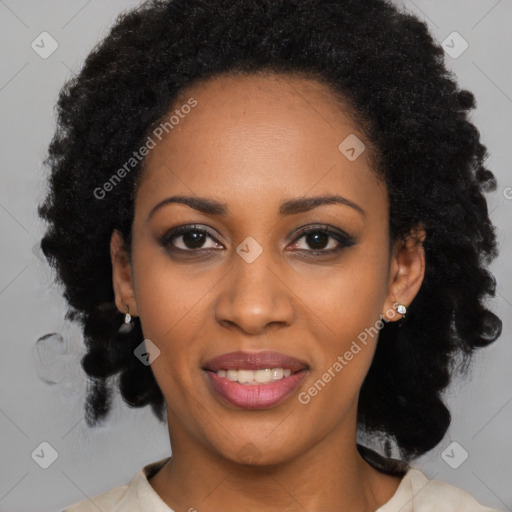 Joyful black young-adult female with medium  black hair and brown eyes