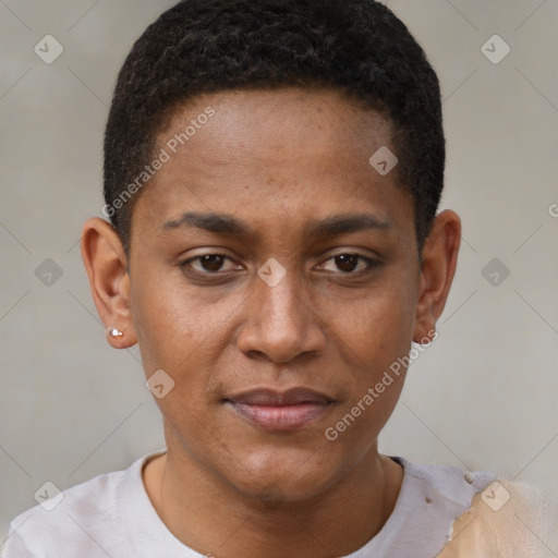 Joyful black young-adult male with short  brown hair and brown eyes