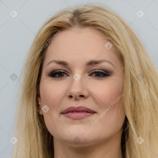 Joyful white young-adult female with long  brown hair and brown eyes