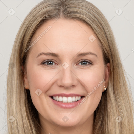 Joyful white young-adult female with long  brown hair and grey eyes