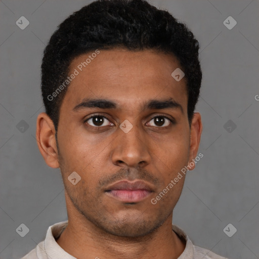 Neutral latino young-adult male with short  black hair and brown eyes