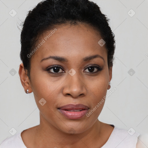 Joyful latino young-adult female with short  brown hair and brown eyes