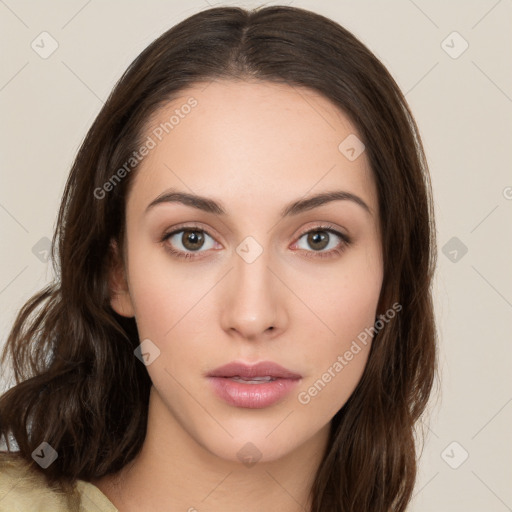 Neutral white young-adult female with long  brown hair and brown eyes