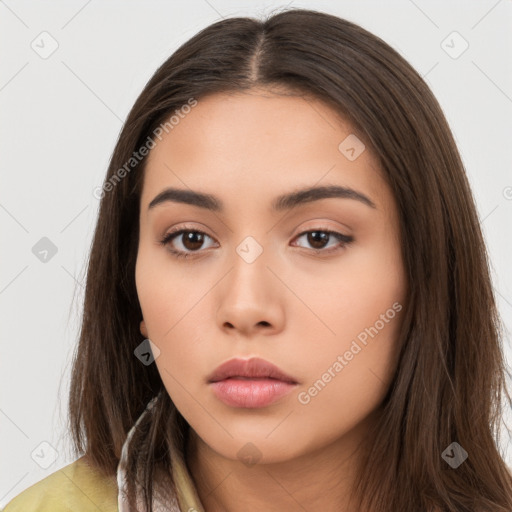 Neutral white young-adult female with long  brown hair and brown eyes