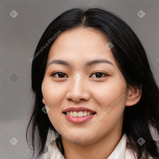 Joyful asian young-adult female with medium  black hair and brown eyes