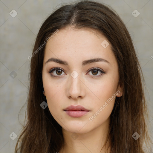 Neutral white young-adult female with long  brown hair and brown eyes