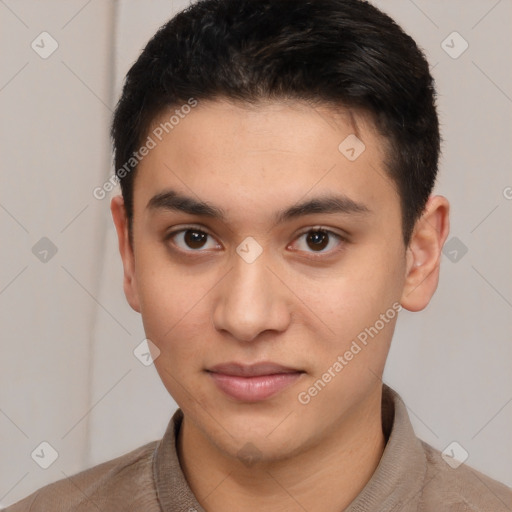 Joyful latino young-adult male with short  brown hair and brown eyes