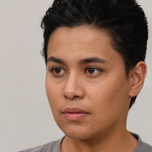 Neutral latino young-adult female with short  black hair and brown eyes