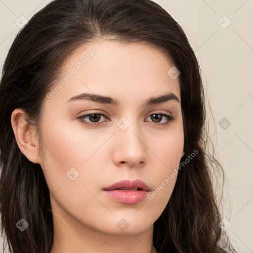 Neutral white young-adult female with long  brown hair and brown eyes