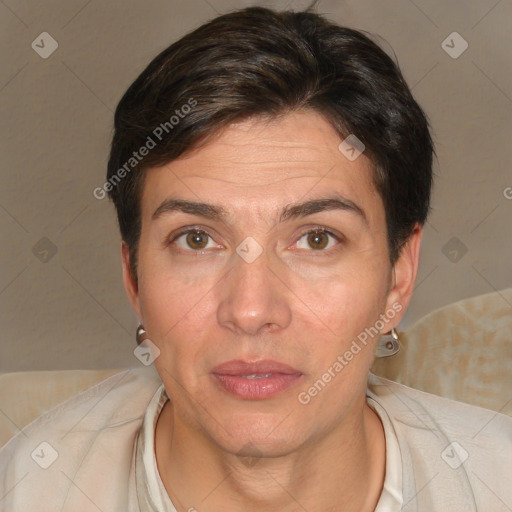 Neutral white adult female with short  brown hair and brown eyes