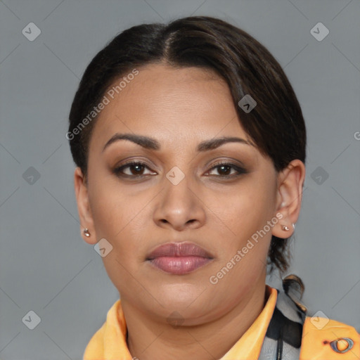 Joyful latino young-adult female with medium  brown hair and brown eyes