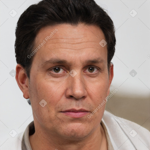 Neutral white adult male with short  brown hair and brown eyes