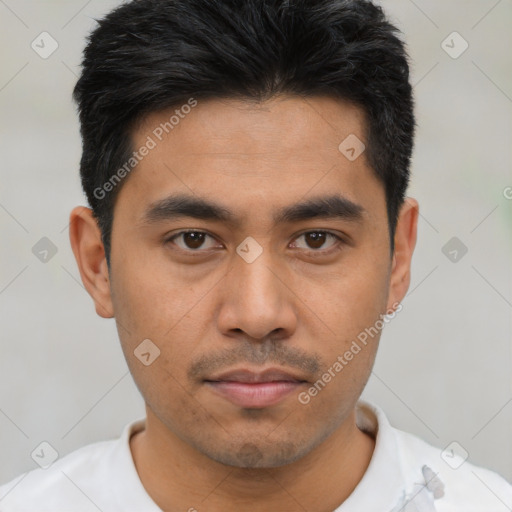 Neutral asian young-adult male with short  black hair and brown eyes