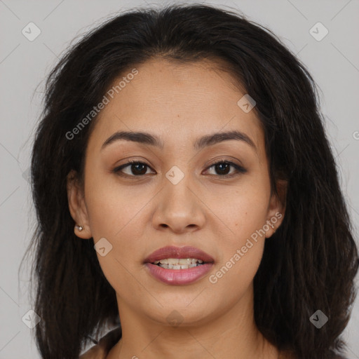 Joyful asian young-adult female with long  brown hair and brown eyes