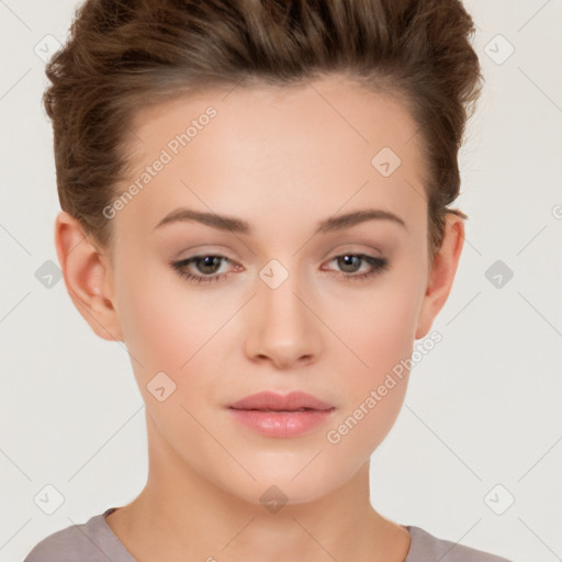 Neutral white young-adult female with short  brown hair and brown eyes