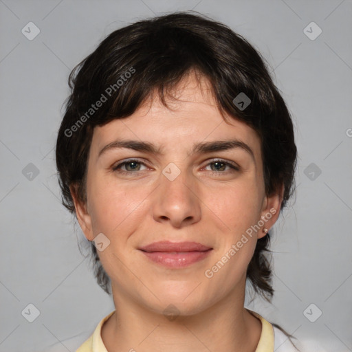 Joyful white young-adult female with medium  brown hair and brown eyes