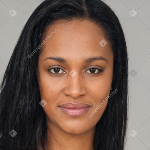 Joyful asian young-adult female with long  brown hair and brown eyes