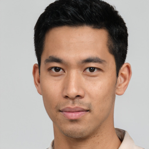 Neutral asian young-adult male with short  black hair and brown eyes