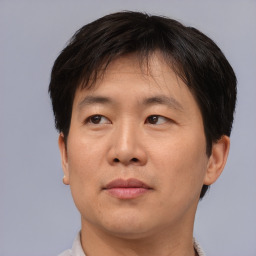 Neutral asian adult male with short  brown hair and brown eyes