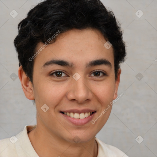 Joyful latino young-adult male with short  brown hair and brown eyes