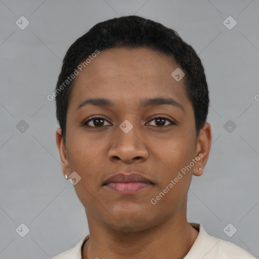 Neutral black young-adult female with short  black hair and brown eyes