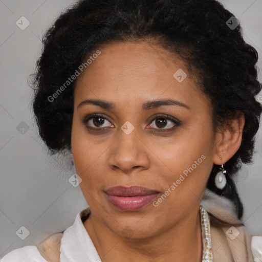 Joyful black adult female with medium  brown hair and brown eyes