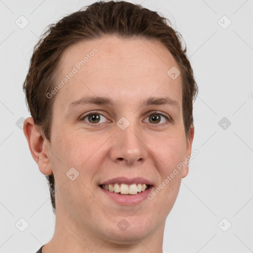 Joyful white young-adult female with short  brown hair and grey eyes