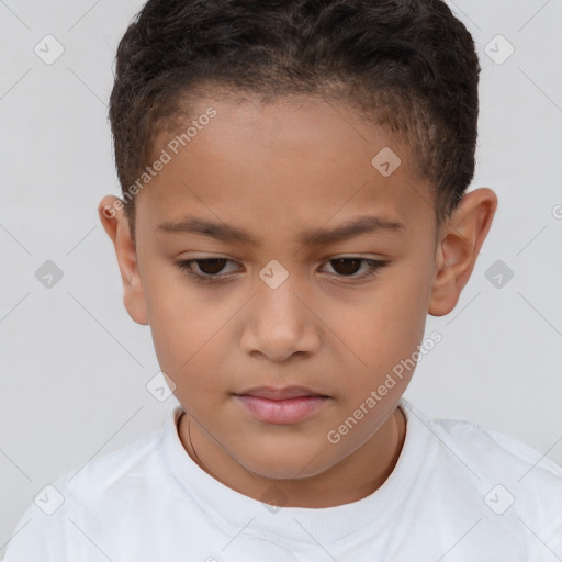 Joyful white child female with short  brown hair and brown eyes