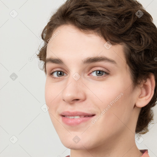 Joyful white young-adult female with medium  brown hair and green eyes