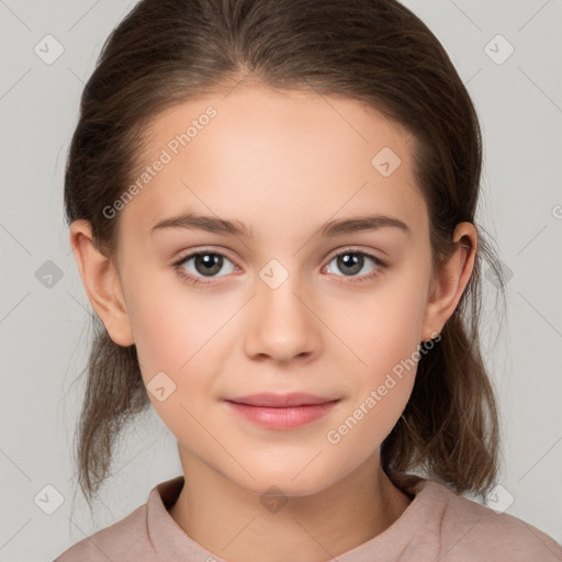 Joyful white child female with medium  brown hair and brown eyes