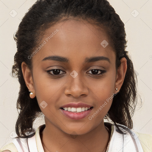 Joyful black young-adult female with long  brown hair and brown eyes