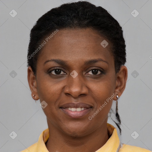 Joyful black young-adult female with short  brown hair and brown eyes