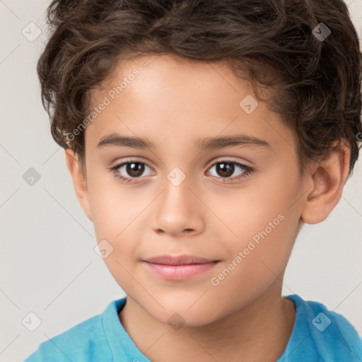 Joyful white child male with short  brown hair and brown eyes