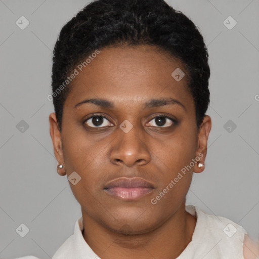 Neutral black young-adult female with short  brown hair and brown eyes