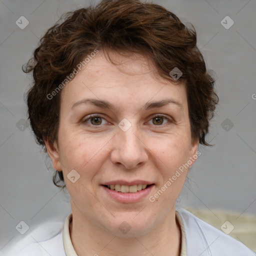 Joyful white adult female with short  brown hair and brown eyes