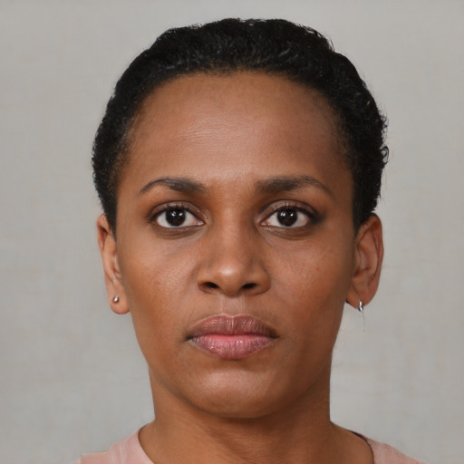 Neutral black young-adult female with short  black hair and brown eyes