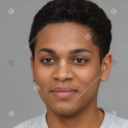 Joyful latino young-adult female with short  black hair and brown eyes